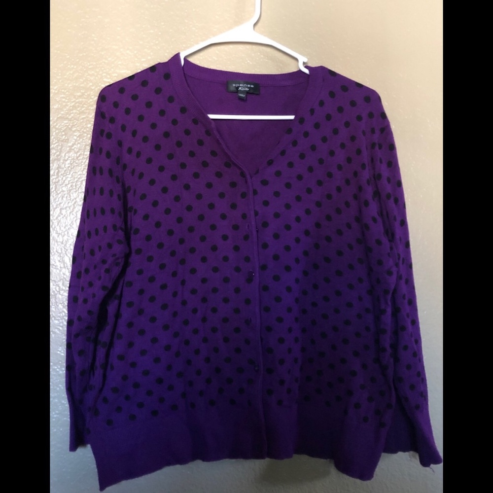 Spense Knits purple and black polka dot carigan XL